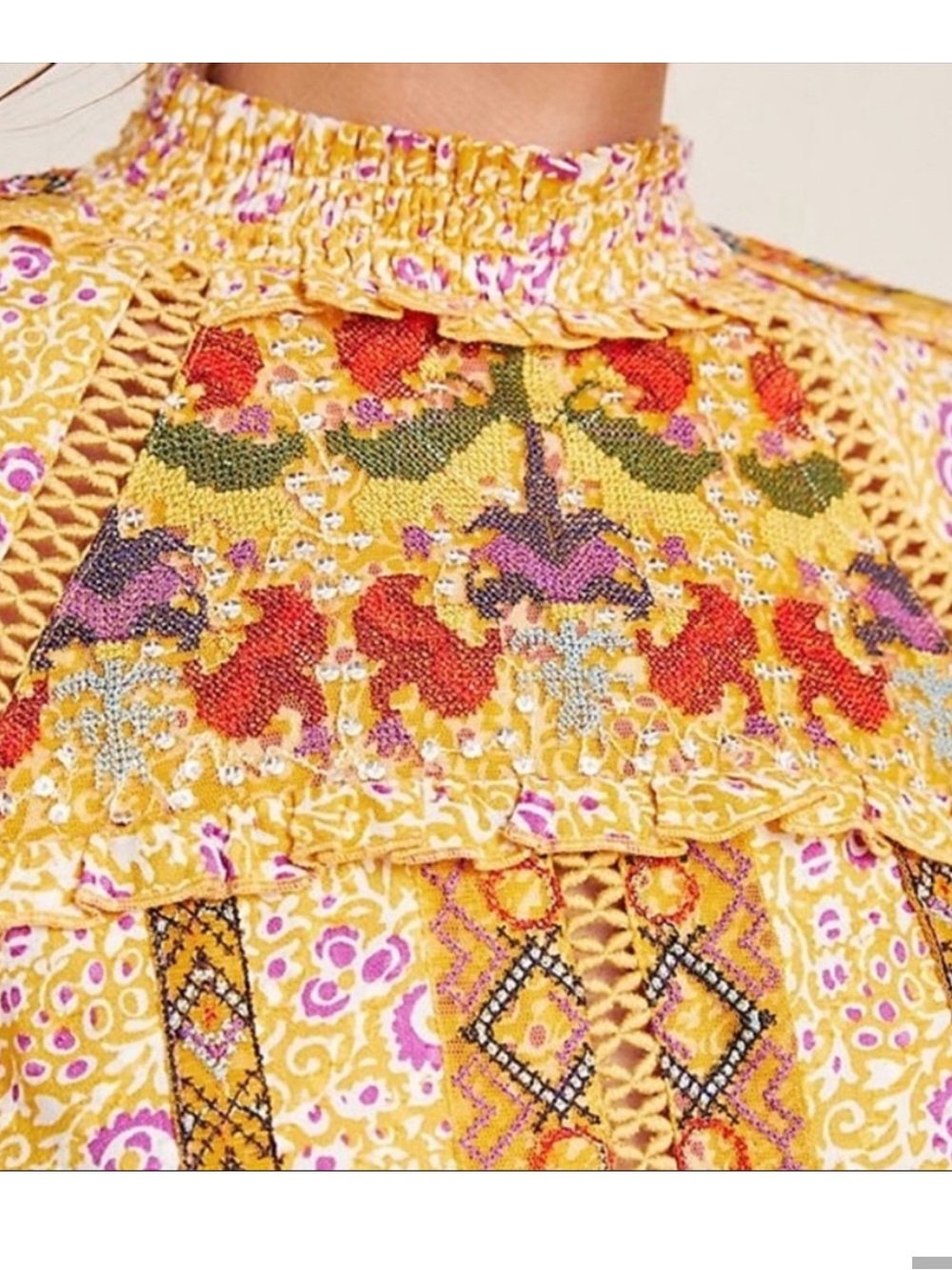 Maeve Yellow Multi Embroidered Smocked Yoke Blouse